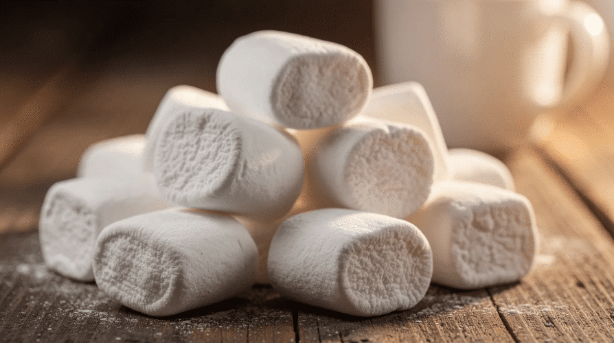 The image features a variety of marshmallows, including mini marshmallows and full-sized marshmallows, arranged on a parchment-lined baking sheet, ready to be dehydrated in the oven. These fluffy treats can be transformed into crunchy sugar bombs for use in hot cocoa or trail mix after being stored in an airtight container.