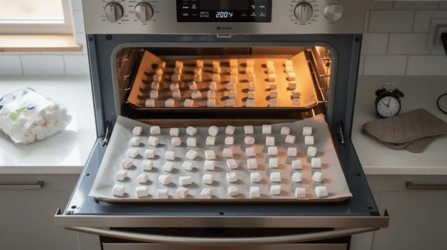 The image shows a parchment lined baking sheet filled with mini marshmallows arranged in a single layer, ready to be dehydrated in the oven. The process aims to transform these sticky marshmallows into crunchy, dehydrated marshmallows ideal for adding to hot cocoa or trail mix.