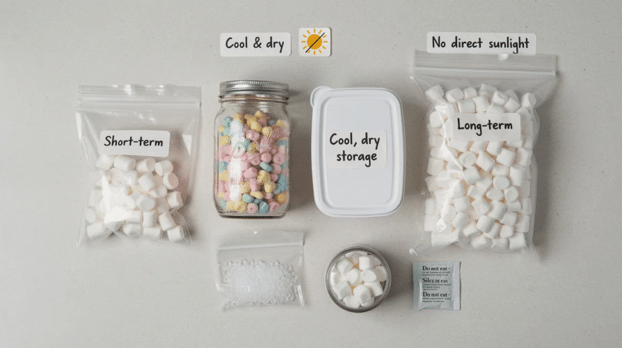 An image showing various methods for storing dried marshmallows, including airtight containers like mason jars and vacuum-sealed bags, emphasizes the importance of keeping dehydrated marshmallows fresh and crispy by controlling moisture. Additionally, the image highlights the use of desiccant packets to prevent clumping in humid environments.