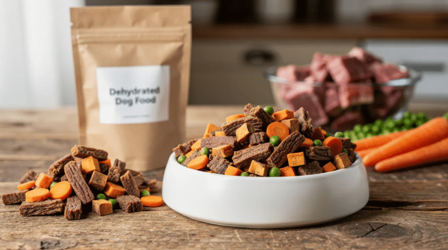 The image features a bag of dehydrated dog food, showcasing high-quality natural ingredients such as chicken, beef, and lamb. This nutritious food option is designed for pet parents seeking the best dehydrated dog food to support their dog's health and energy levels.