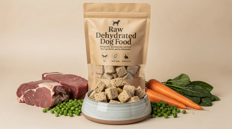 The image features a bag of raw dehydrated dog food, showcasing high-quality natural ingredients like chicken, beef, and lamb, designed for pet parents seeking a healthy and convenient feeding option for their dogs. This grain-free dog food retains essential nutrients and offers a balanced diet for pups at any life stage.