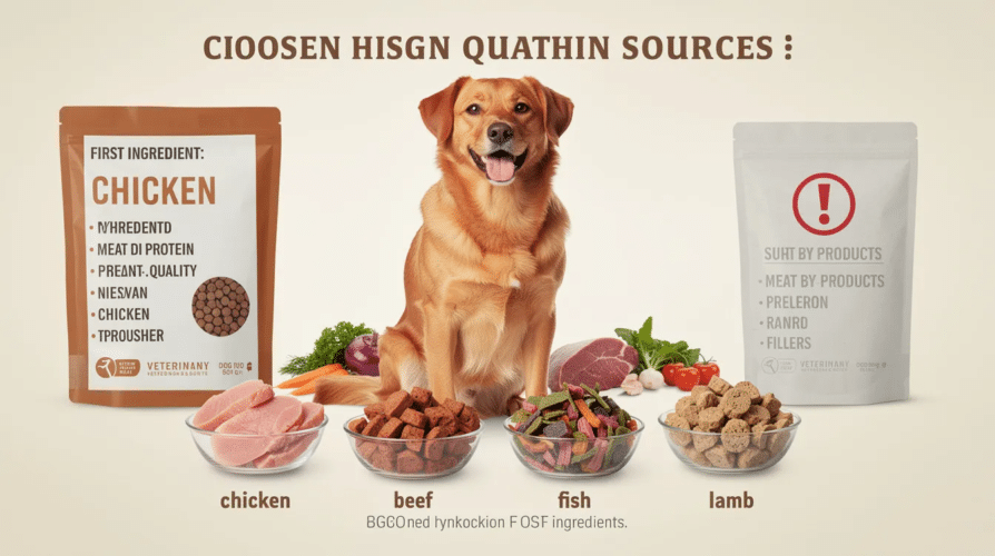 The image depicts a selection of high-quality dehydrated dog food bags, prominently displaying ingredients like chicken, beef, and lamb on the front. This visually appealing arrangement emphasizes the importance of natural ingredients and nutrition for pets, appealing to pet parents looking for the best dehydrated dog food options for their dogs.