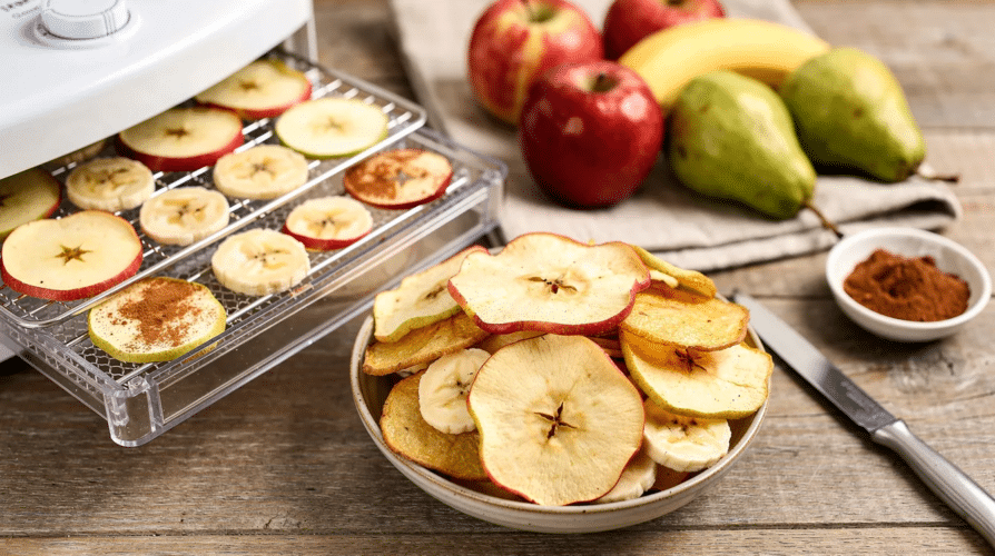 The image showcases a vibrant assortment of homemade fruit chips, including crispy apple and banana slices, beautifully arranged on dehydrator trays. These nutritious snacks, prepared using a food dehydrator, highlight the natural sweetness of the fruits while maintaining a crunchy texture, making them a wholesome alternative to store-bought snacks.
