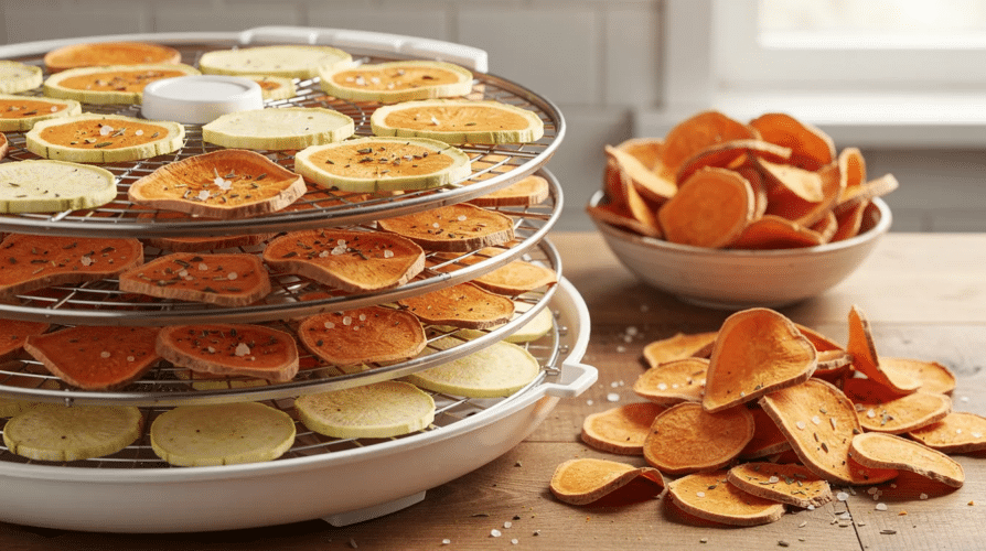 The image shows a variety of crispy veggie chips made from thinly sliced sweet potatoes and summer squash, arranged neatly on dehydrator trays. These colorful, dehydrated potato chips are lightly sprinkled with sea salt and spices, showcasing a healthy and crunchy snack option.