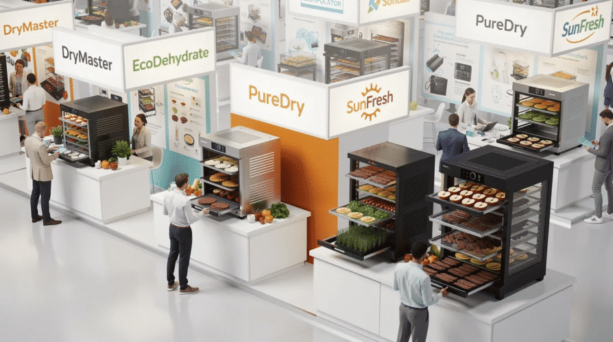 The image showcases various food dehydrators from leading companies, featuring models with stainless steel trays and digital control panels for precise temperature settings. These electric food dehydrators are ideal for making homemade beef jerky, fruit leather, and preserving a variety of dried foods, ensuring long shelf life and efficient food storage.