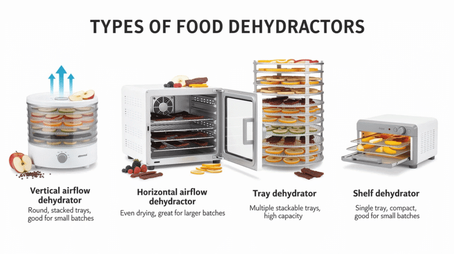 The image showcases various types of food dehydrators, including vertical airflow, horizontal airflow, tray, and shelf models, highlighting their unique designs and features. Each dehydrator is depicted with its distinct capacity and function, such as making homemade beef jerky or fruit leather, emphasizing the versatility and efficiency of these kitchen appliances for preserving different foods.