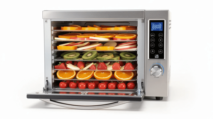 The image features a sleek electric food dehydrator with stainless steel trays stacked inside, showcasing various dehydrated foods like homemade beef jerky and dried fruit. The digital control panel displays temperature settings, highlighting its ability to preserve food effectively for long-term storage.