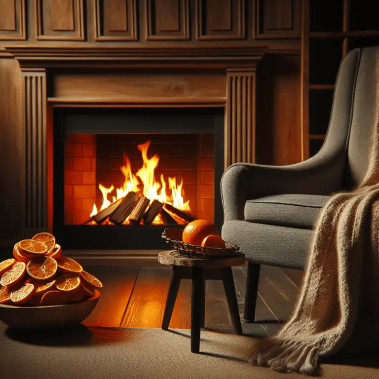 orange peels in a bowl next to a fireplace next to a chair.