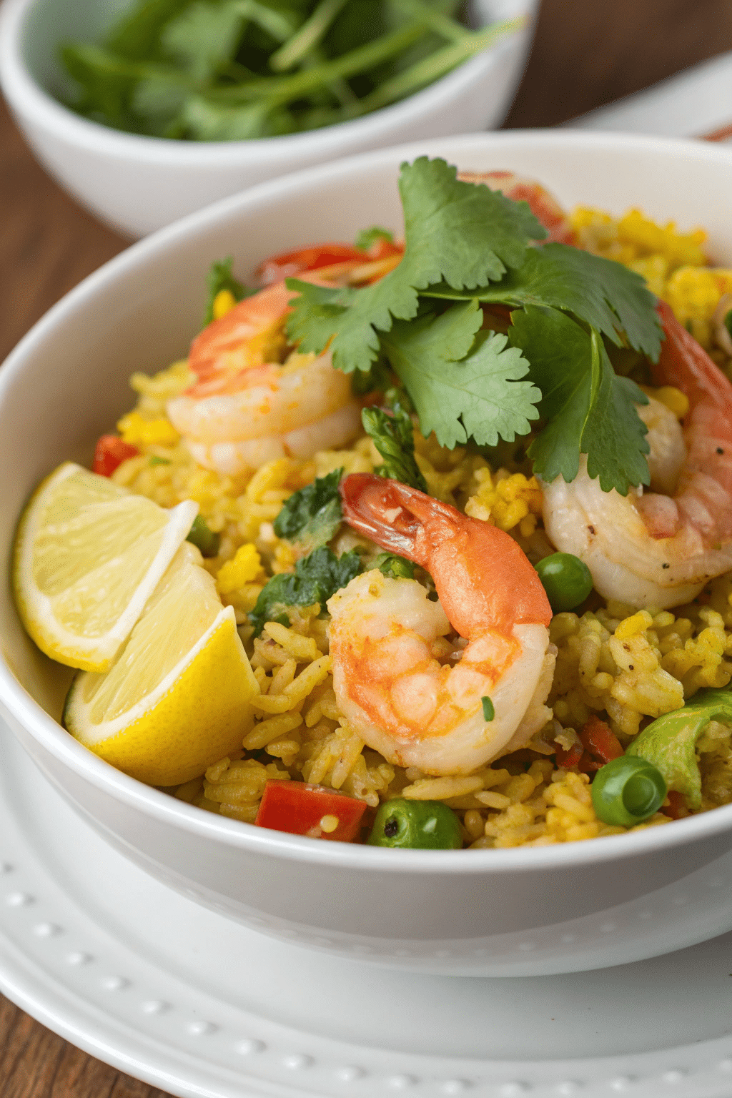 shrimp fried rice in awhite bowl