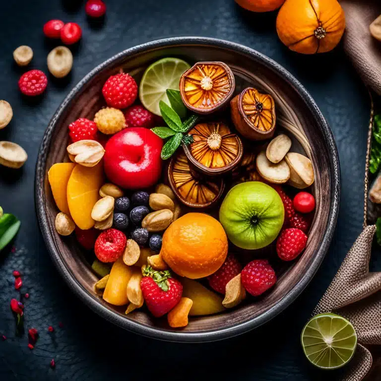 dehydrated and fresh fruits in a bowl on a grey background.