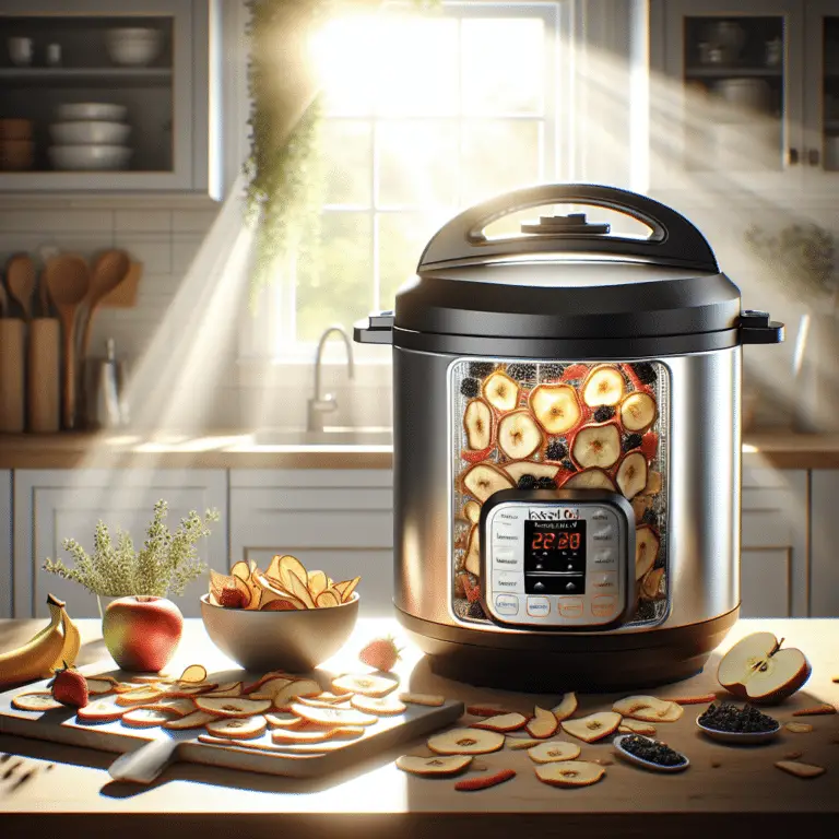 Silver and black Instant Pot Duo Crisp in a modern kitchen with colorful dehydrated fruits like apple slices, banana chips, and strawberries inside, highlighting the question: Can you dehydrate in an Instant Pot?
