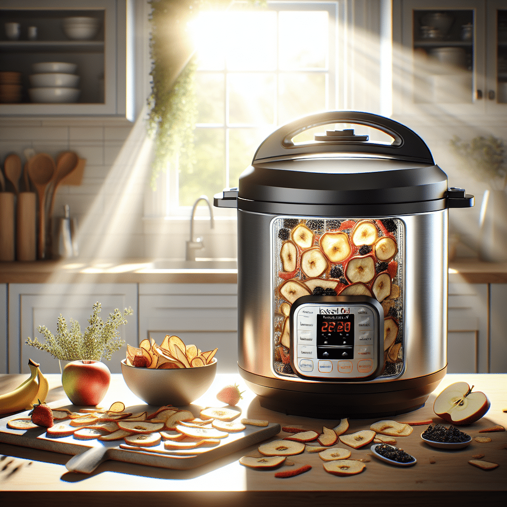 Silver and black Instant Pot Duo Crisp in a modern kitchen with colorful dehydrated fruits like apple slices, banana chips, and strawberries inside, highlighting the question: Can you dehydrate in an Instant Pot?