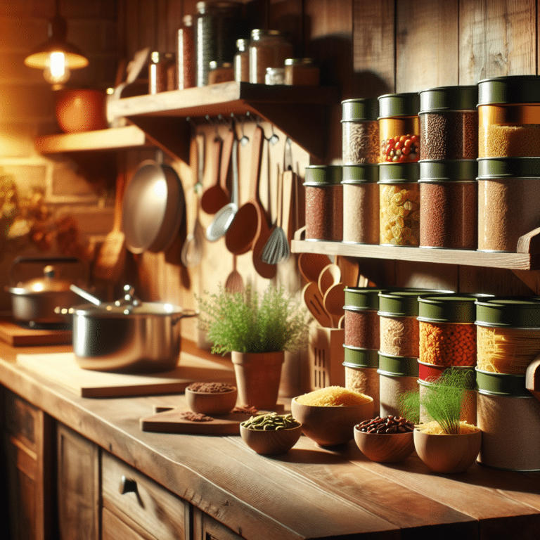 A cozy kitchen setting features neatly arranged dehydrated food buckets on a wooden shelf. Each bucket is labeled with various food types like rice, beans, and pasta. The warm lighting and rustic kitchen counter, adorned with cooking utensils and a small potted plant, enhance the sense of preparedness and sustainability.