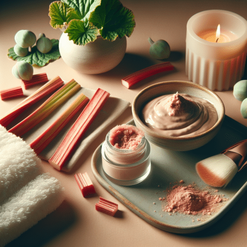A serene beauty setup highlighting rhubarb powder uses in skincare, featuring a face mask mixture and spa elements.
