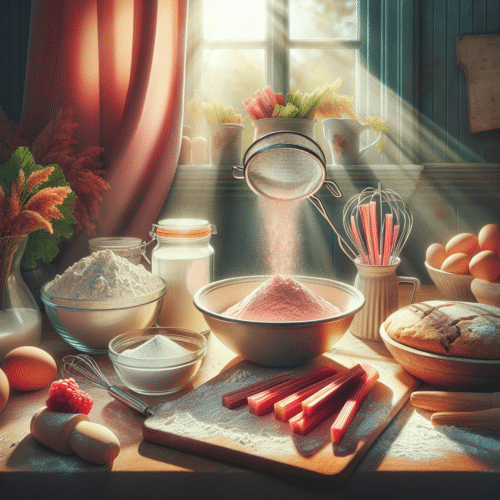 A cozy kitchen scene demonstrating rhubarb powder uses in baking, with ingredients and natural light.