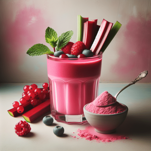 A vibrant smoothie showcasing rhubarb powder uses in beverages, garnished with fresh berries and mint.