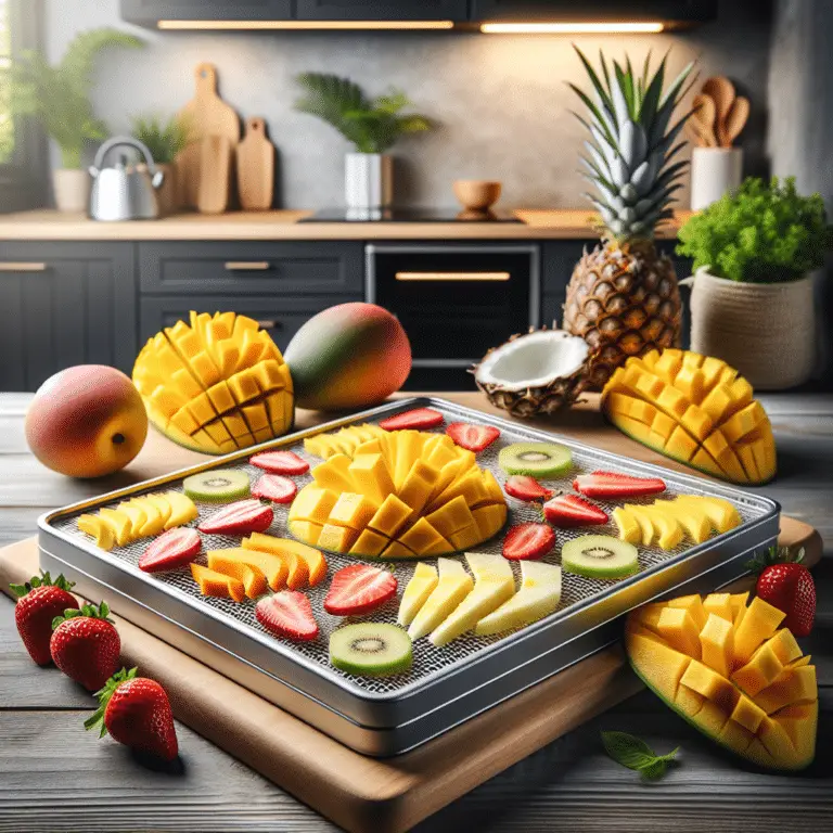 Vibrant slices of mangoes, pineapples, and strawberries on a dehydrator tray, highlighting their bright colors and juicy textures in a modern kitchen setting.