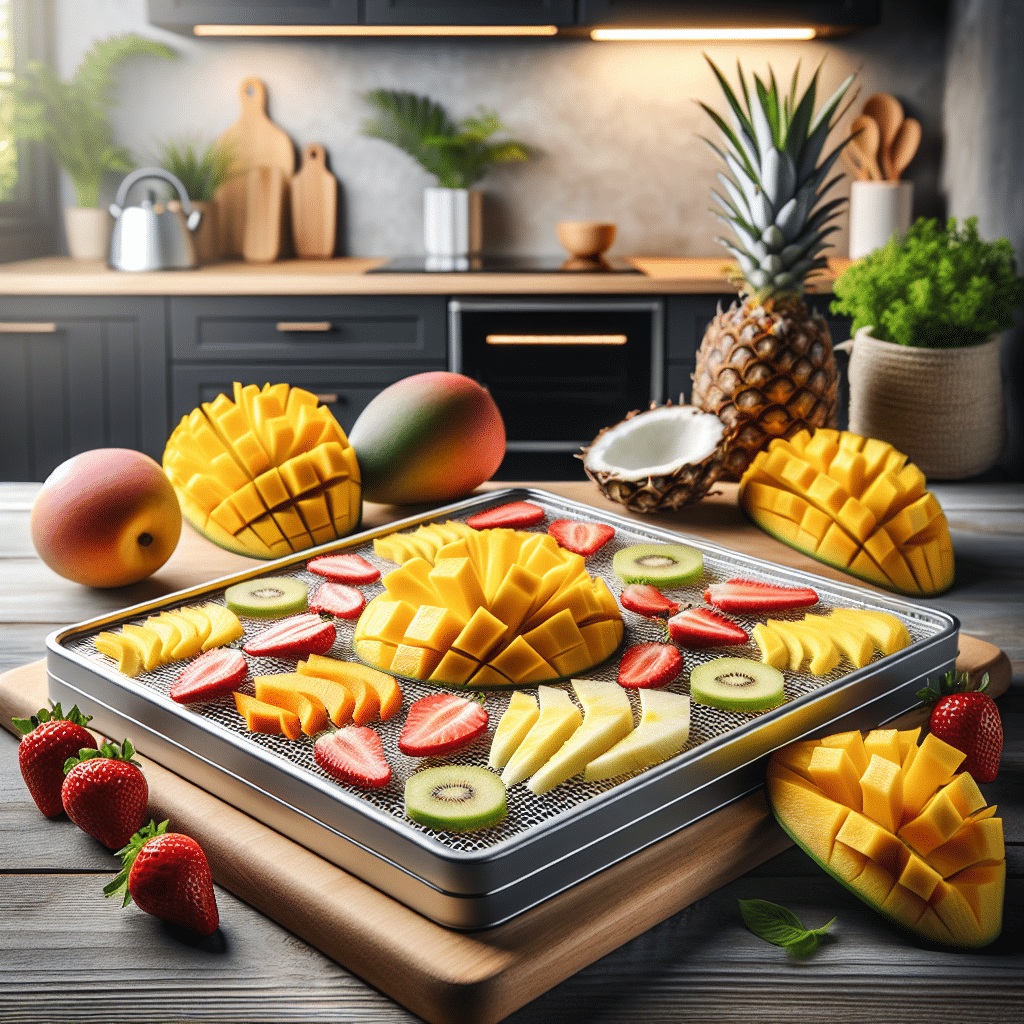 Vibrant slices of mangoes, pineapples, and strawberries on a dehydrator tray, highlighting their bright colors and juicy textures in a modern kitchen setting.