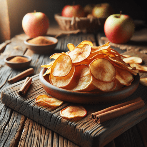A close-up of crispy apple chips on a rustic wooden table, lightly dusted with cinnamon, showcasing their golden-brown color and crunchy texture.