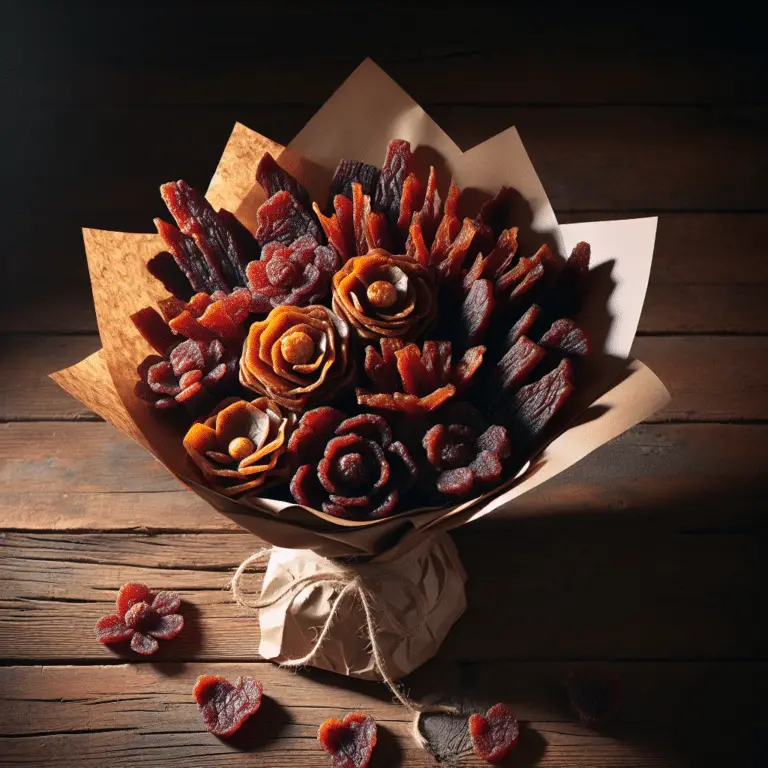 Beef jerky bouquet arranged like a flower bouquet with jerky shaped into roses and daisies, wrapped in rustic brown paper and set on a wooden table.