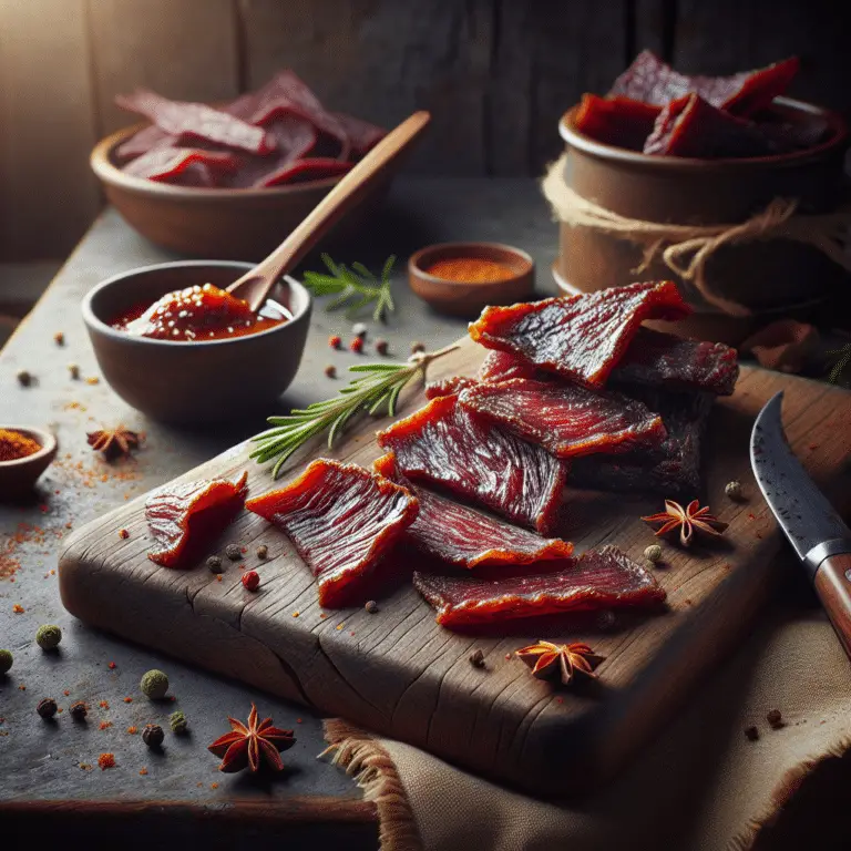 Tender beef jerky slices on a wooden board.