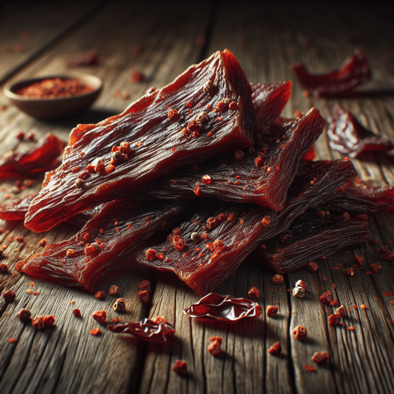 Buffalo jerky pieces on a rustic wooden board, illustrating the question 'Is buffalo jerky healthy?