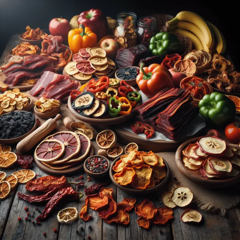 assortment of dehydrated foods on a wooden background