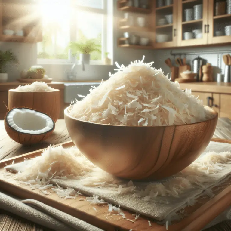 dehydrated coconut flakes in a wooden bowl
