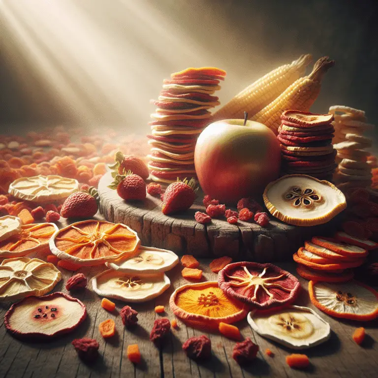 Assorted dehydrated fruits and vegetables on a rustic table, illustrating the question 'does dehydrated food go bad' with vibrant colors and textures