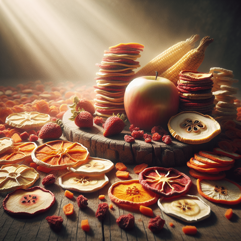 Assorted dehydrated fruits and vegetables on a rustic table, illustrating the question 'does dehydrated food go bad' with vibrant colors and textures