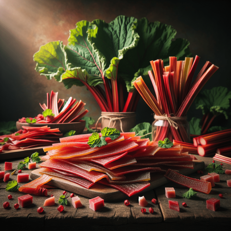 Artfully arranged dehydrated rhubarb leather strips on a rustic wooden table, with fresh rhubarb stalks and leaves in the background.