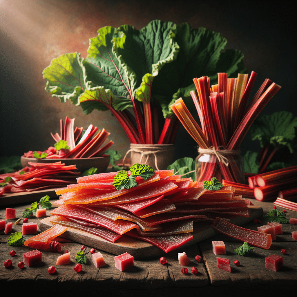Artfully arranged dehydrated rhubarb leather strips on a rustic wooden table, with fresh rhubarb stalks and leaves in the background.