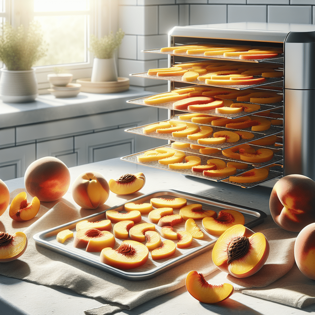 sliced peaches on a food dehydrator tray.