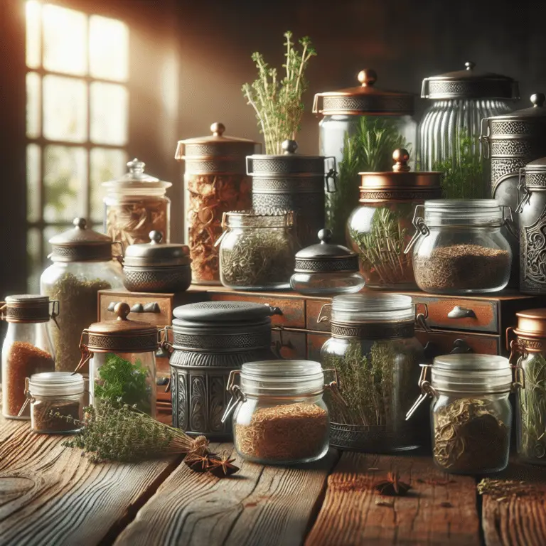 display of dried herb containers on a kitchen counter.
