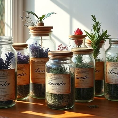 image of an assortment of dried herb containers, showcasing intricate glass jars filled with vibrant, colored herbs like lavender, sage, and rosemary. Each jar is adorned with rustic labels, some handwritten, capturing a vintage apothecary aesthetic. The scene is set on a wooden countertop bathed in soft, natural light, with gentle shadows enhancing the textures of the jars and herbs. Include faint hints of sunlight filtering through a nearby window, casting delicate reflections and a serene ambiance.