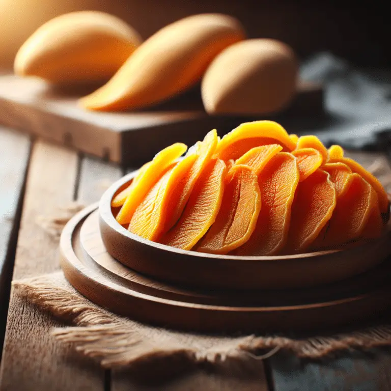 dried mango slices in a wooden bowl