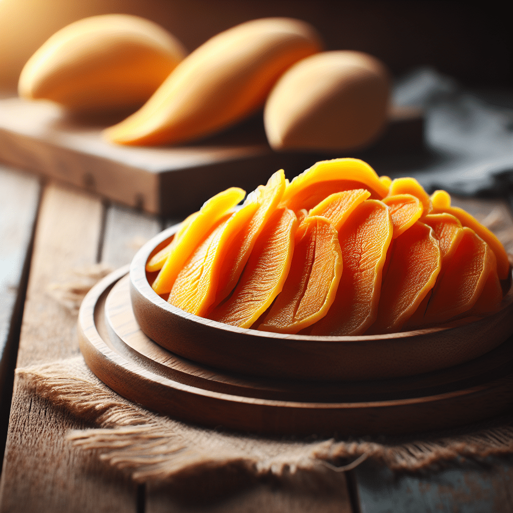 dried mango slices in a wooden bowl