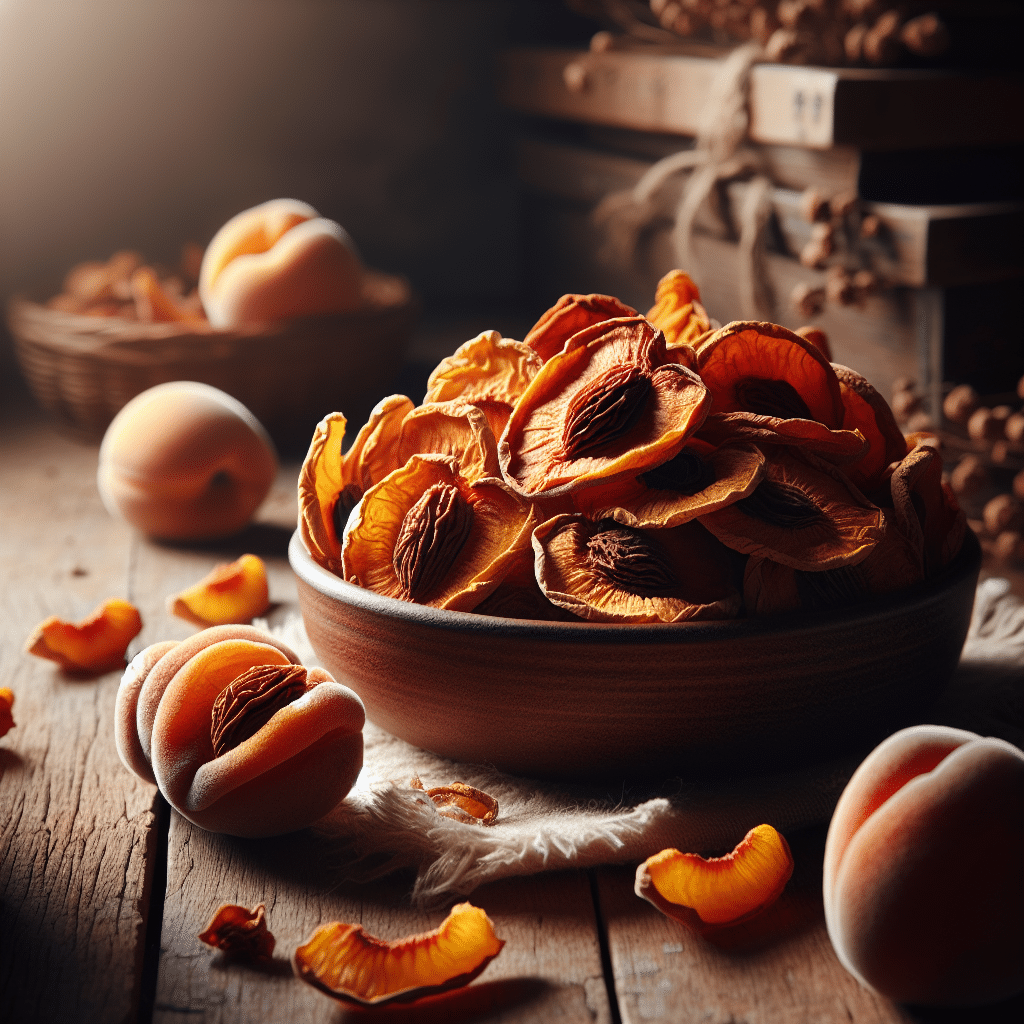 dried peaches in a bowl on a wooden background.