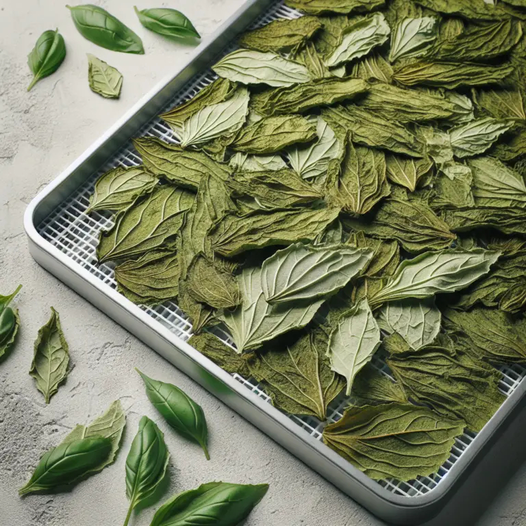 basil leaves in a food dehydrator tray