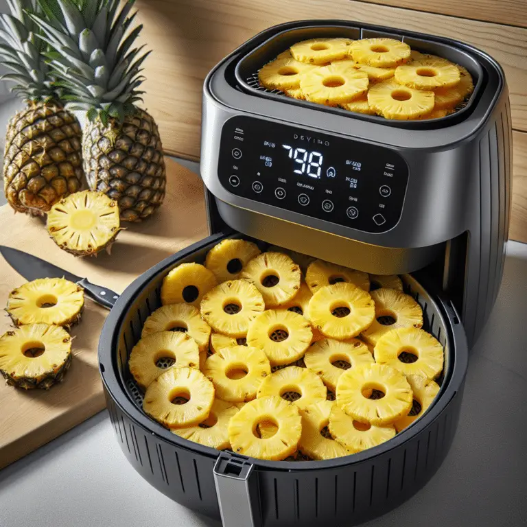 pineapple rings in a air fryer getting ready to be dehydrated.