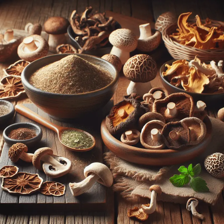 mushrooms surrounded by dehydrated mushrooms and mushroom recipes on a wooden table