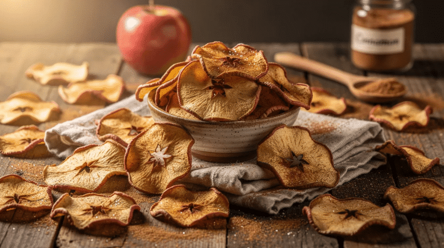 The image features a bowl of delicious cinnamon apple chips, showcasing the crispy, dehydrated fruits that preserve their natural sweetness and flavor. This tasty snack is perfect for those looking to explore food dehydrator recipes and maximize their storage space with healthy options.