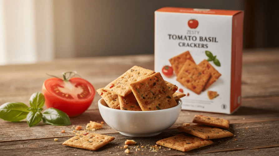 The image features a plate of zesty tomato basil crackers, showcasing their crispy texture and vibrant colors. These delicious snacks are made using a food dehydrator, highlighting the essence of preserving vegetables and fruits for tasty recipes.