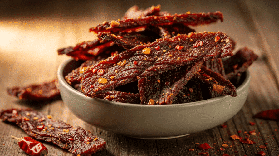 A bowl filled with spicy beef jerky showcases delicious, dehydrated food, perfect for snacking or preserving flavors. This tasty treat highlights the versatility of food dehydrators and can be enjoyed alongside various recipes or as a standalone snack.