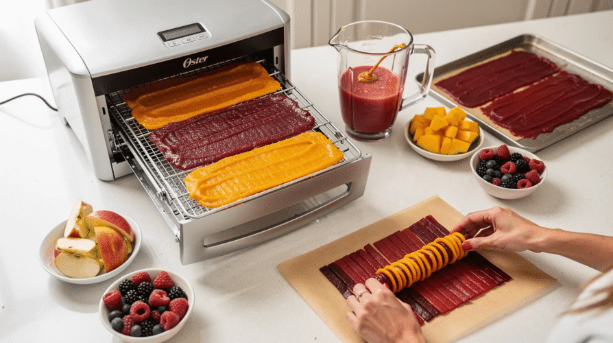 The image depicts a step-by-step process of making fruit leathers using an Oster food dehydrator, showcasing pureed fruit spread thinly on trays ready for dehydration. The vibrant colors of the fruit mixture highlight the freshness, while the food dehydrator is set to low heat, emphasizing the ease of creating delicious, portable snacks at home.