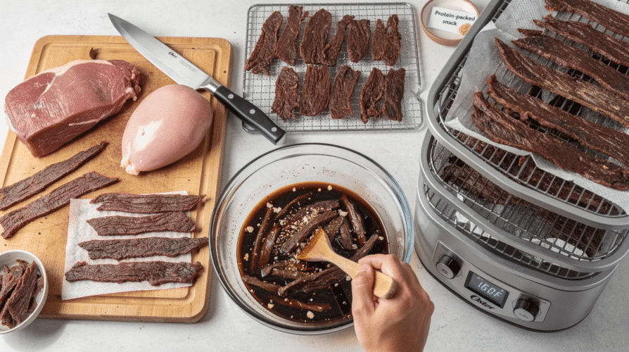 The image depicts the process of making beef jerky using an Oster food dehydrator, showcasing thinly sliced strips of marinated beef arranged on the dehydrator trays. The scene highlights the savory ingredients and the careful preparation steps, emphasizing the ease of creating this protein-packed snack for camping or sharing with friends.