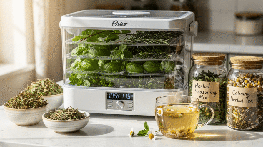 The image showcases various dried herbs, including basil, rosemary, and mint, arranged in single layers on trays of an Oster dehydrator. These herbs are prepared for long-lasting storage, ready to be used in homemade seasoning mixes or calming herbal teas, emphasizing the ease of preserving flavor and aroma through the dehydration process.