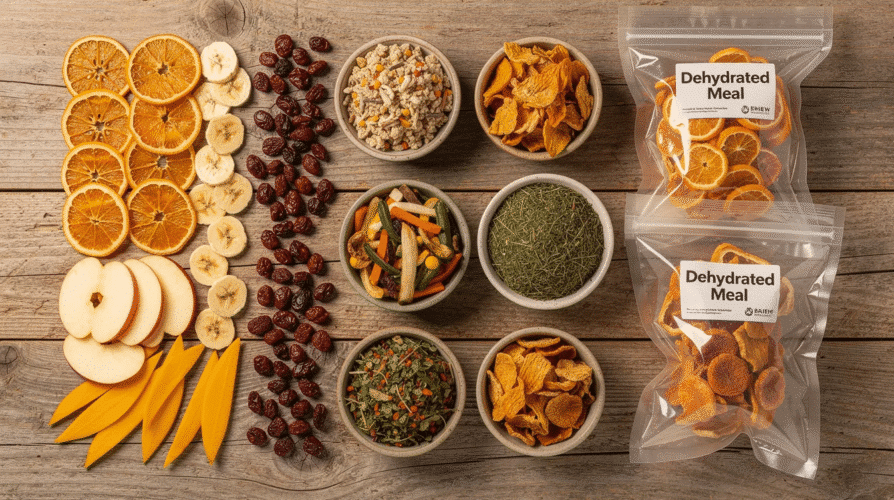 The image features a variety of packaged dehydrated foods, including freeze dried fruits, vegetables, and meats, stored in mylar bags with oxygen absorbers for long shelf life. These nutritious ingredients are ideal for camping trips and backpacking, ensuring delicious meals that remain shelf stable for many years.