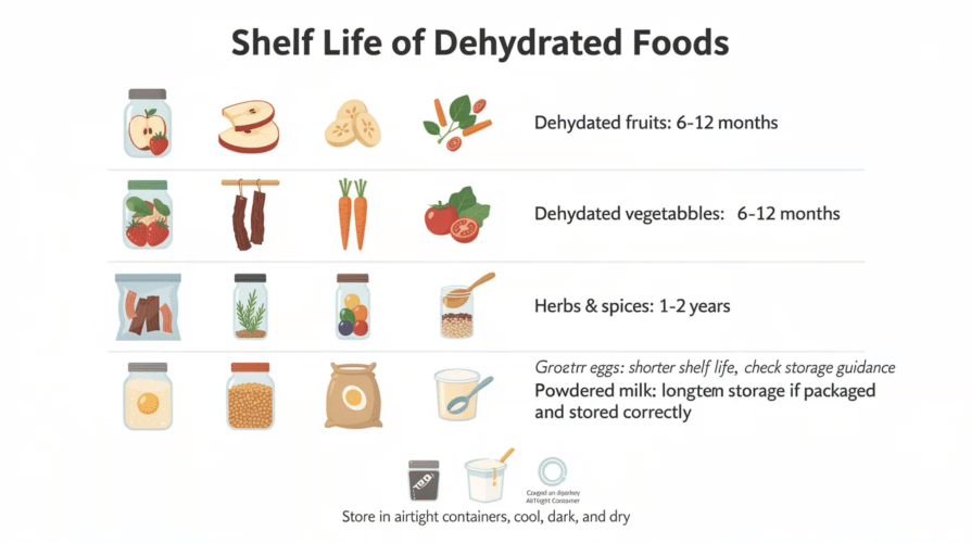 The image illustrates a chart detailing the shelf life of various dehydrated foods, such as fruits, vegetables, meats, and grains, when stored properly. It highlights that dehydrated foods can have a long shelf life, ranging from 6 months to 2 years, depending on the type and storage conditions.