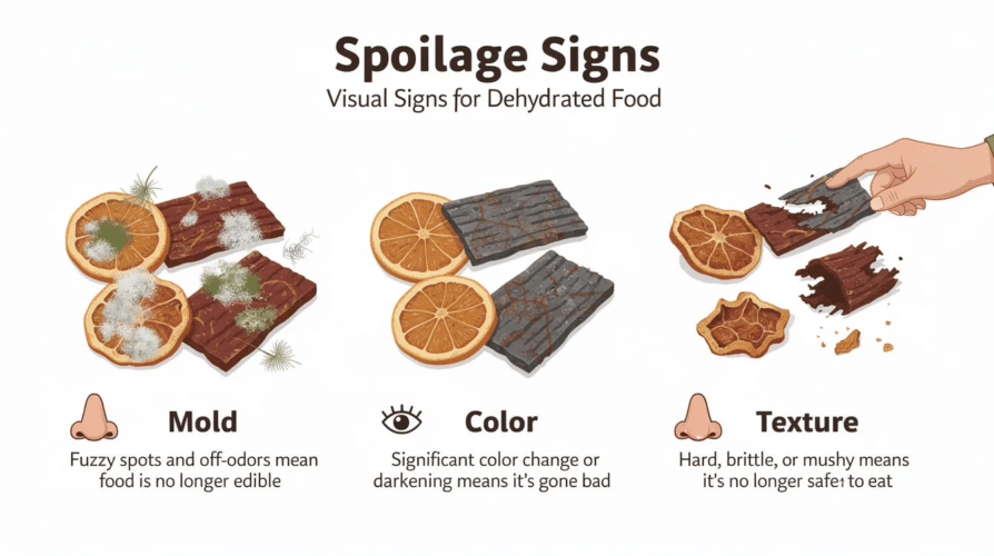 The image depicts various signs of food spoilage, including visible mold, significant color changes, and undesirable textures such as hardness or mushiness. These indicators suggest that the dehydrated food is no longer safe to eat, emphasizing the importance of proper food storage and monitoring shelf life.